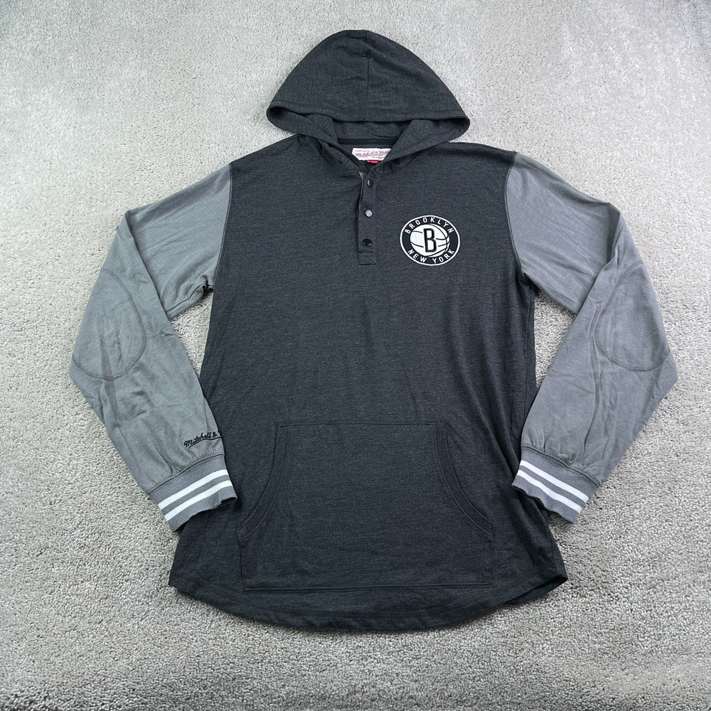 Brooklyn Nets Hoodie Mens Medium Grey Mitchell & Ness Henley Lightweight